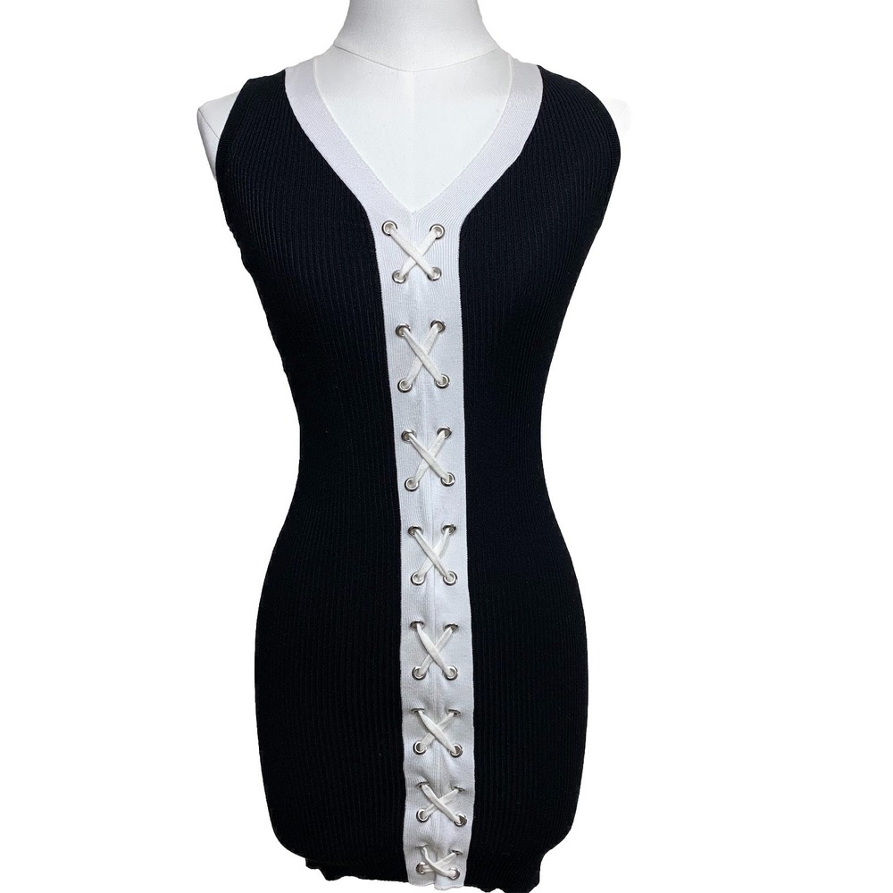 Planet Gold Lace Up Mini Dress Womens XS Black White Ribbed Knit SleevelesV-Neck